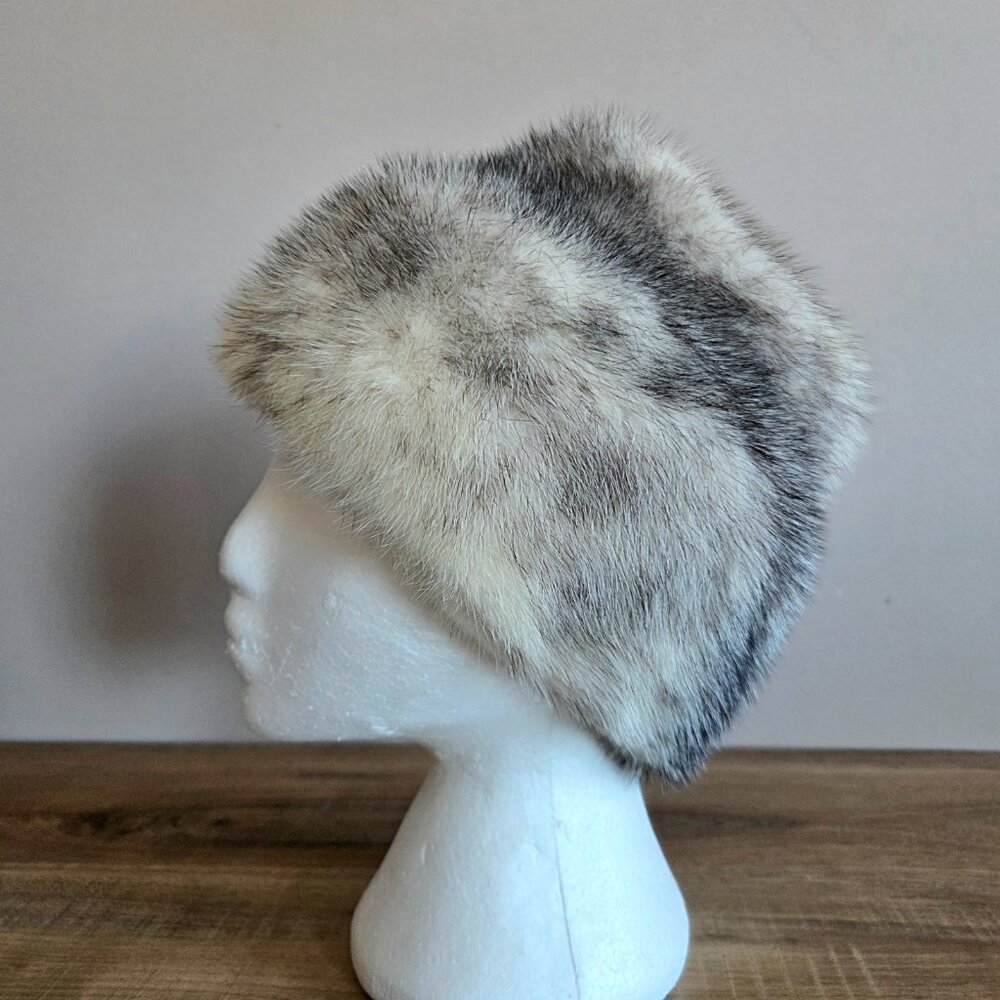 Vintage handmade black cross mink hat. Beige and black colors.